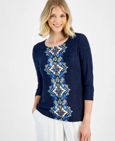 Jm Collection Women's Jacquard Printed 3/4-sleeve Top, Created For Macy's In Intrepid Blue Combo