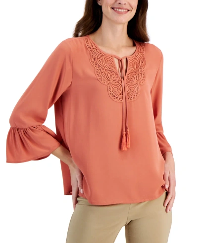 Jm Collection Women's Lace-trim Bell-sleeve Woven Top, Created For Macy's In Burnt Brick