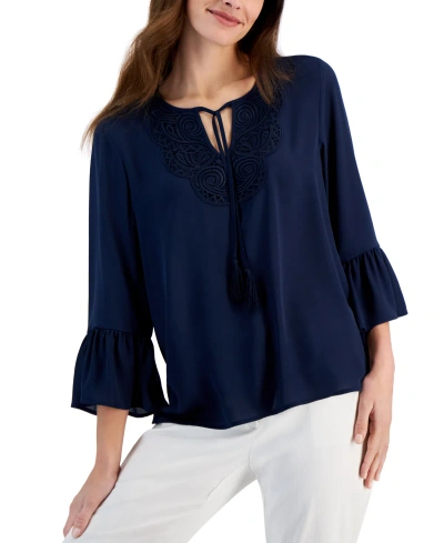 Jm Collection Women's Lace-trim Bell-sleeve Woven Top, Created For Macy's In Intrepid Blue