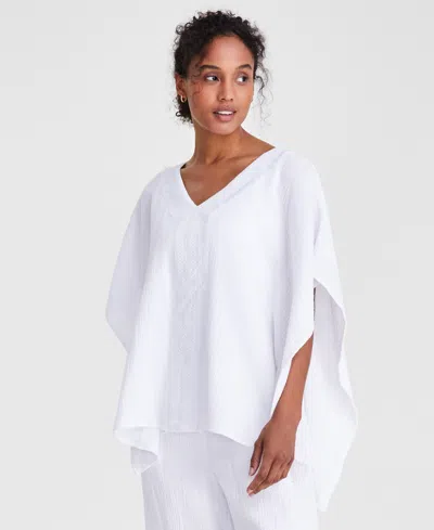 Jm Collection Women's Lace-trim V-neck Gauze Poncho Top, Created For Macy's In Bright White