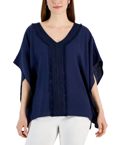 Jm Collection Women's Lace-trim V-neck Gauze Poncho Top, Created For Macy's In Intrepid Blue
