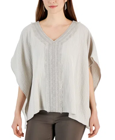 Jm Collection Women's Lace-trim V-neck Gauze Poncho Top, Created For Macy's In Stonewall