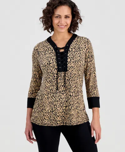 Jm Collection Women's Lace-up 3/4-sleeve Printed Top, Created For Macy's In Multi
