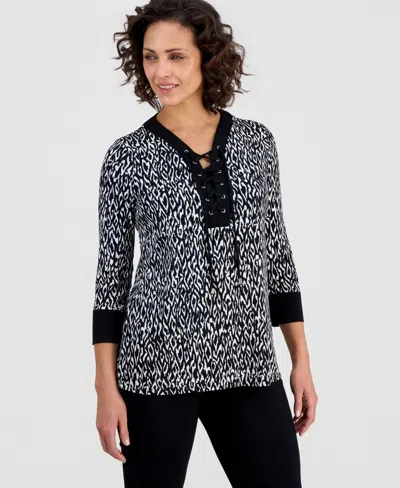 Jm Collection Women's Lace-up 3/4-sleeve Printed Top, Created For Macy's In Multi
