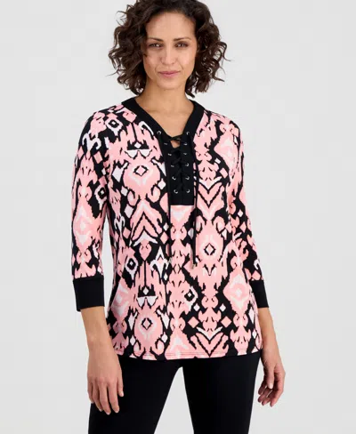 Jm Collection Women's Lace-up 3/4-sleeve Printed Top, Created For Macy's In Multi