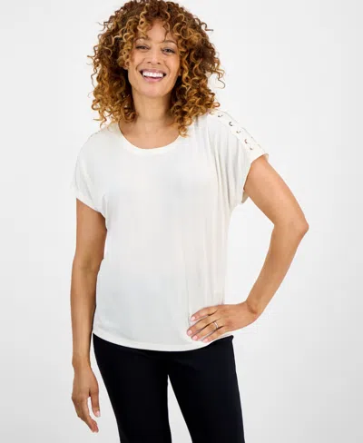 Jm Collection Women's Lace-up Shoulder Jersey T-shirt In White