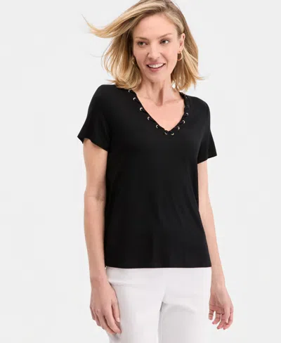 Jm Collection Women's Laced-grommet-trim V-neck Top, Macy's Exclusive In Multi