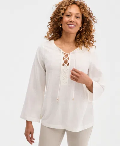 Jm Collection Women's Lace-up Linen-blend Top, Macy's Exclusive In White