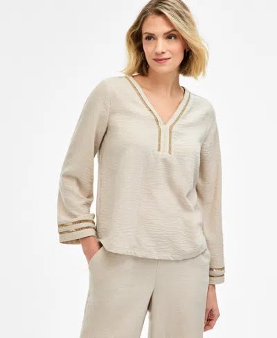 Jm Collection Women's Ladder-trim Crinkle Gauze V-neck Top, Macy's Exclusive In Gray