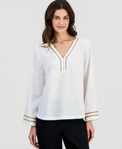 Jm Collection Women's Ladder-trim Crinkle Gauze V-neck Top, Macy's Exclusive In Pink