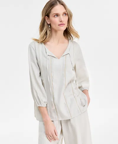 Jm Collection Women's Linen Blend Embroidered Pintuck Top, Exclusively At Macy's