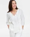 Jm Collection Women's Linen Blend Embroidered Pintuck Top, Exclusively At Macy's