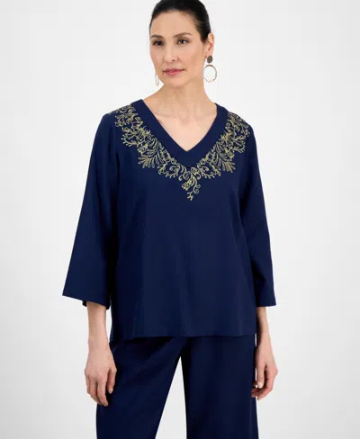 Jm Collection Women's Linen Blend Embroidered-v-neck Top, Exclusively At Macy's