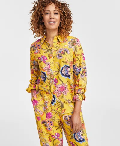 Jm Collection Women's Linen-blend Printed Shirt, Exclusively At Macy's In Yellow Lily