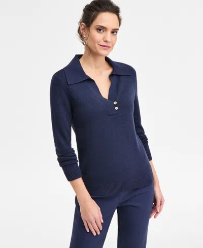 Jm Collection Women's Long-sleeve Johnny-collar Lurex Sweater, Macy's Exclusive In Blue