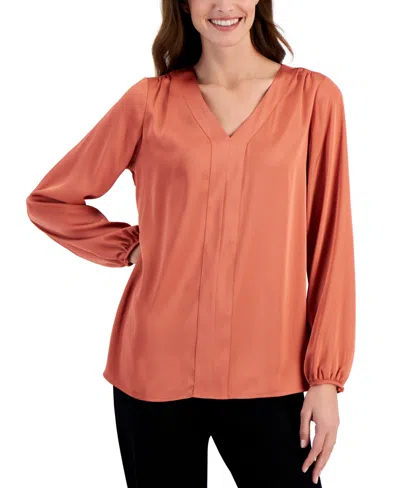 Jm Collection Women's Long Sleeve Satin V-neck Blouse, Created For Macy's In Burnt Brick