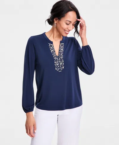 Jm Collection Women's Long-sleeve Crepe Embellished-neck Top, Macy's Exclusive In Blue