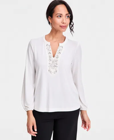 Jm Collection Women's Long-sleeve Knit Embellished-neck Top, Macy's Exclusive In Natural