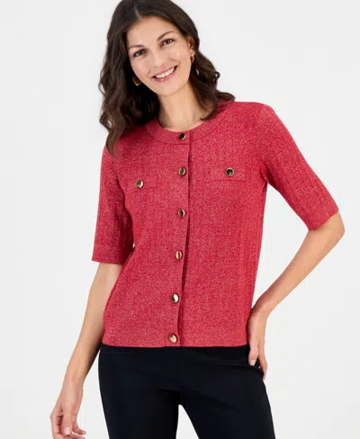 Jm Collection Women's Lurex Pointelle Short-sleeve Cardigan, Macy's Exclusive In Red