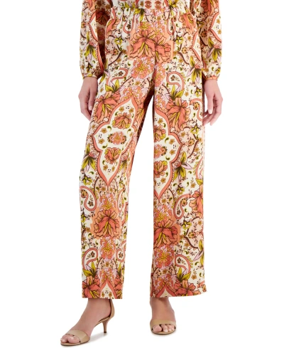Jm Collection Women's Medallion Melody Wide Leg Satin Pants, Regular & Petite, Created For Macy's In Sandshell Combo