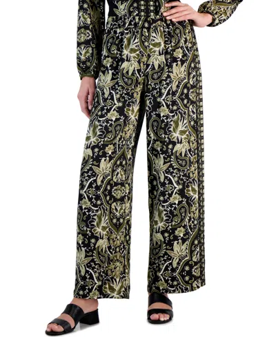 Jm Collection Women's Medallion Melody Wide Leg Satin Pants, Regular & Petite, Created For Macy's In Deep Black Combo
