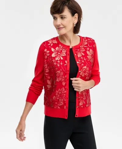 Jm Collection Women's Metallic Jacquard-front Party Cardigan, Macy's Exclusive In Red