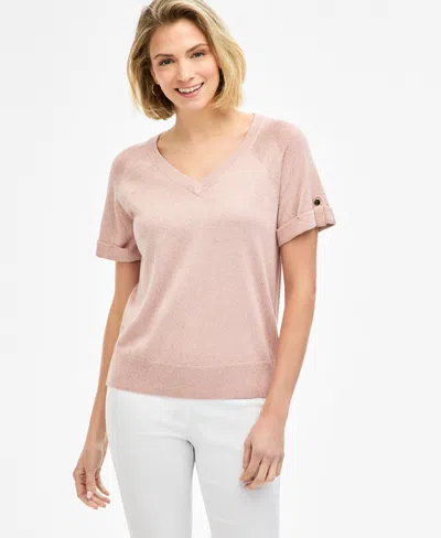 Jm Collection Women's Metallic Roll-cuff Sweater, Macy's Exclusive In Pink