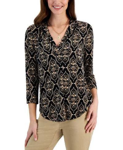 Jm Collection Women's Printed 3/4 Sleeve V-neck Knit Top, Created For Macy's In Black,white Combo