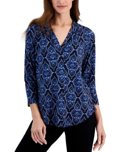 Jm Collection Women's Printed 3/4 Sleeve V-neck Knit Top, Created For Macy's In Intrepid Blue Combo