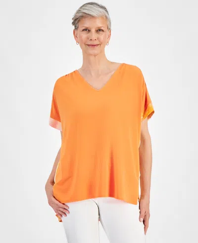 Jm Collection Women's Mixed-media Short Sleeve Top, Created For Macy's In Cheerful Tan Combo
