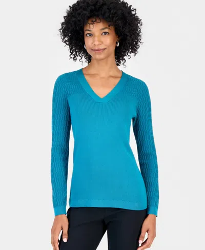 Jm Collection Women's Mixed Stitch Long-sleeve V-neck Sweater, Macy's Exclusive In Blue