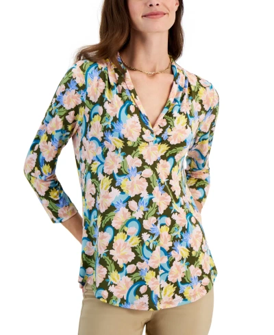 Jm Collection Women's Printed V-neck 3/4 Sleeve Top, Created For Macy's In New Avocado
