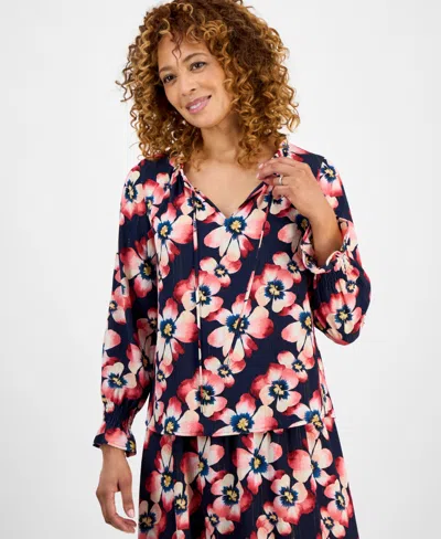 Jm Collection Women's Painted Petunia Clip Jacquard Top In Blue