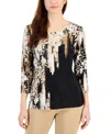 Jm Collection Women's Print 3/4-sleeve Top, Created For Macy's In Deep Black Combo