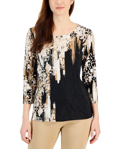 Jm Collection Women's Print 3/4-sleeve Top, Created For Macy's In Deep Black Combo