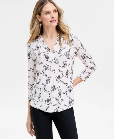 Jm Collection Women's Print & Solid 3/4 Sleeve V-neck Knit Top, Created For Macy's