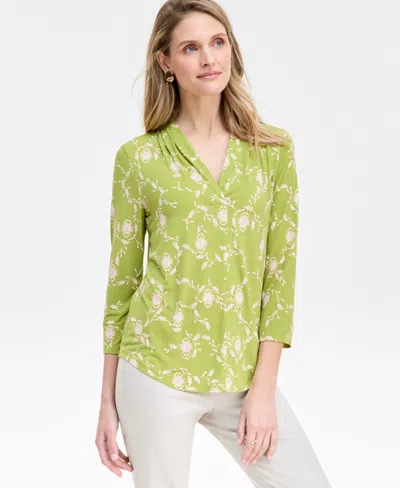 Jm Collection Women's Print & Solid 3/4 Sleeve V-neck Knit Top, Created For Macy's In Green