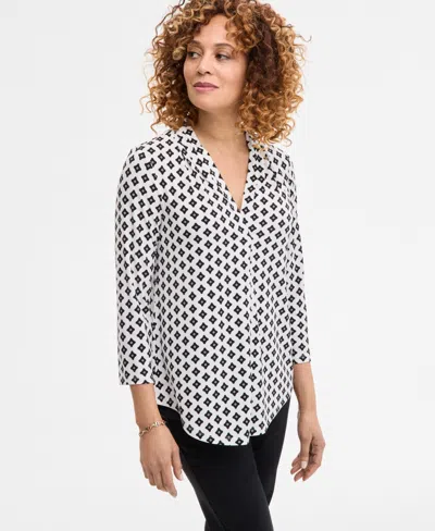 Jm Collection Women's Print & Solid 3/4 Sleeve V-neck Knit Top, Created For Macy's