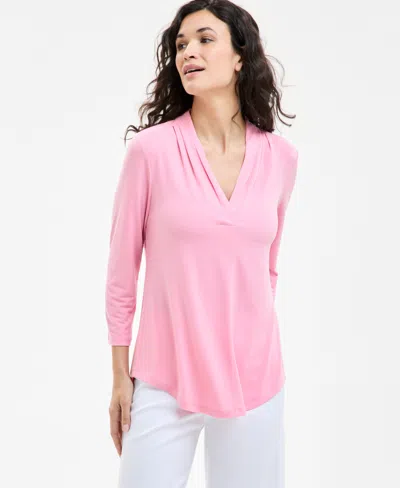 Jm Collection Women's Print & Solid 3/4 Sleeve V-neck Knit Top, Created For Macy's