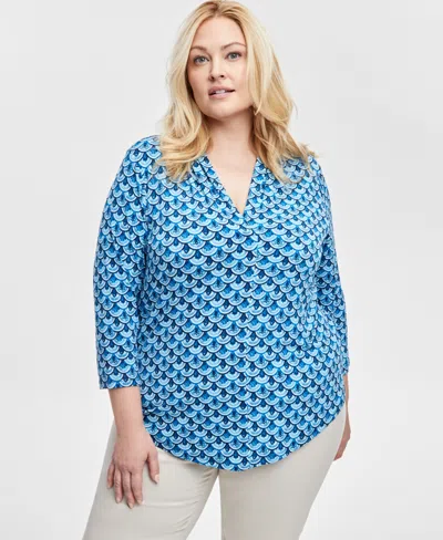 Jm Collection Women's Print V-neck 3/4-sleeve Top, Exclusively At Macy's In Indigo Combo