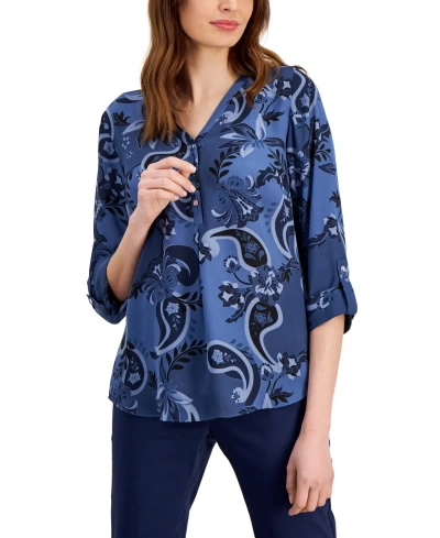 Jm Collection Women's Printed 3/4 Roll-sleeve Top, Created For Macy's In Intrepid Blue Combo