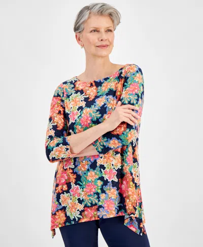 Jm Collection Women's Printed 3/4 Sleeve Jacquard Top, Created For Macy's In Intrepid Blue Combo