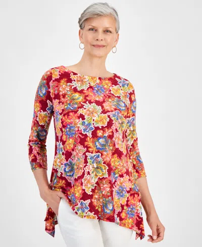 Jm Collection Women's Printed 3/4 Sleeve Jacquard Top, Created For Macy's In Ruby Slippers Combo