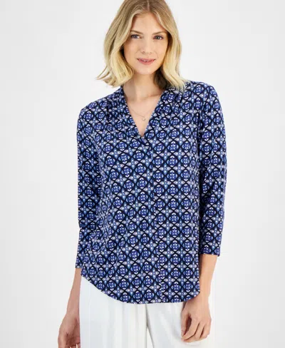 Jm Collection Women's Printed 3/4 Sleeve Pleated-neck Top, Created For Macy's In Intrepid Blue Combo