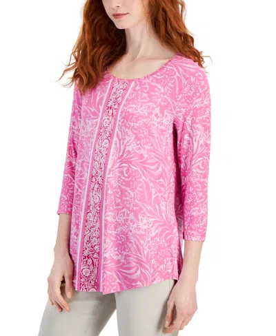 Jm Collection Women's Printed 3/4-sleeve Relaxed Knit Top, Created For Macy's In Bright Pink Combo