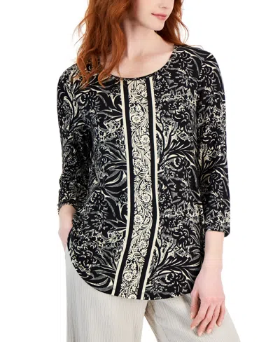 Jm Collection Women's Printed 3/4-sleeve Relaxed Knit Top, Created For Macy's In Deep Black Combo