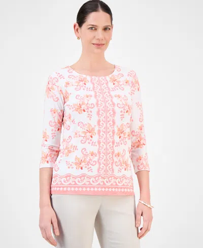 Jm Collection Women's Printed 3/4 Sleeve Scoop-neck Jacquard Top, Exclusively At Macy's