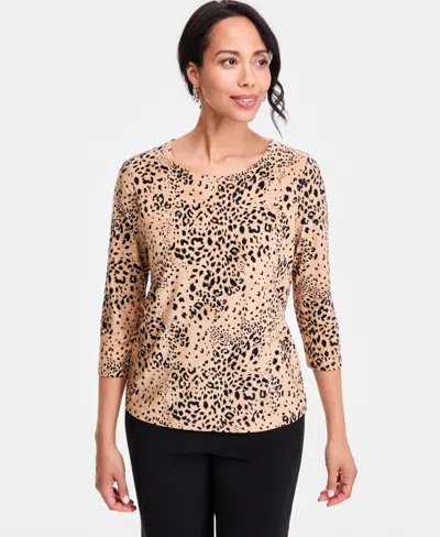 Jm Collection Women's Printed 3/4 Sleeve Scoop-neck Jacquard Top, Macy's Exclusive In Neutral