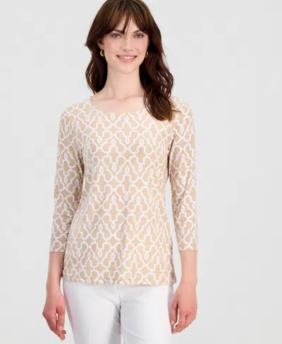 Jm Collection Women's Printed 3/4 Sleeve Scoop-neck Jacquard Top, Macy's Exclusive In Neutral