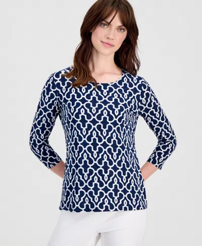 Jm Collection Women's Printed 3/4 Sleeve Scoop-neck Jacquard Top, Macy's Exclusive In Blue